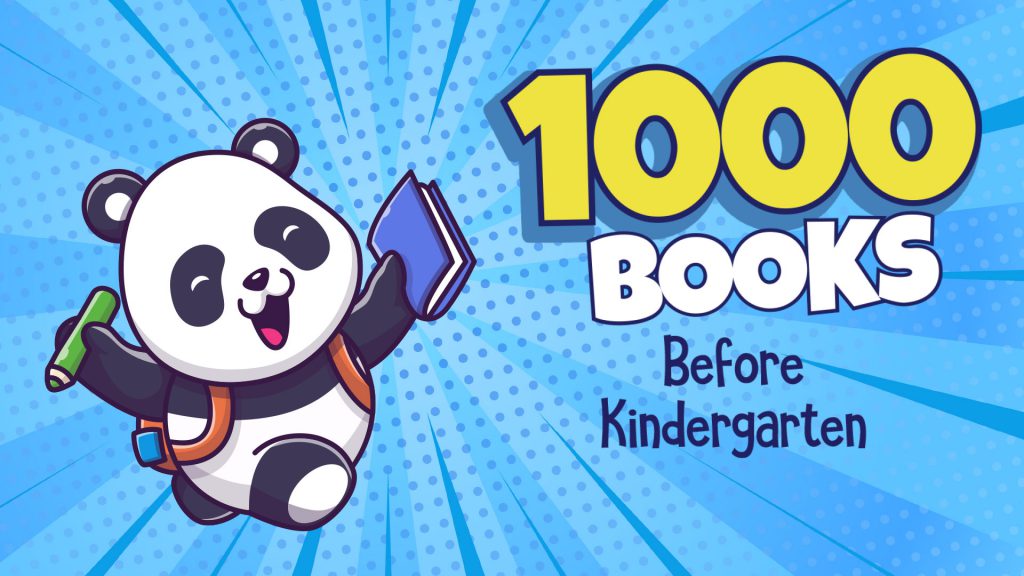 A cheerful cartoon panda with a backpack and book beside text: "1000 Books Before Kindergarten.