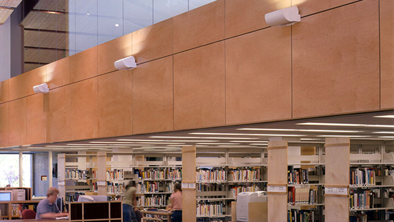 People browsing bookshelves in a modern library with wooden paneling and white lighting fixtures.