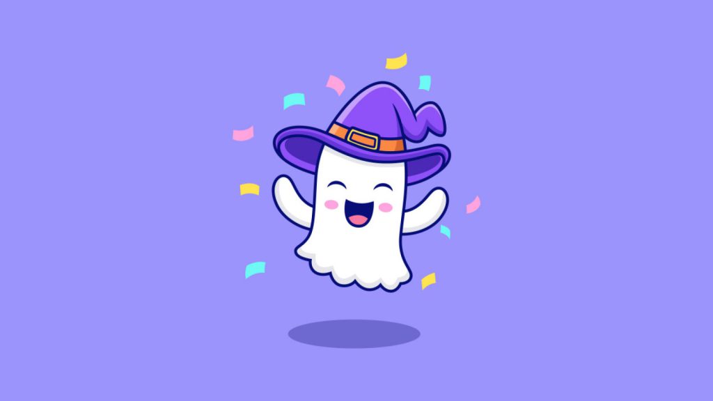 Happy ghost wearing a purple witch hat, surrounded by colorful confetti, on a light purple background.