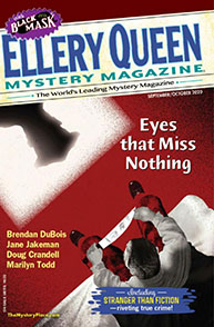 Cover of Ellery Queen Mystery Magazine, Sept/Oct 2019, featuring a person with a flashlight and the title "Eyes that Miss Nothing.