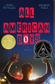 Book cover of "All American Boys" by Jason Reynolds and Brendan Kiely, shows a silhouette of a boy with raised hands.