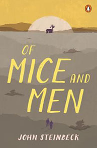 Cover of "Of Mice and Men" by John Steinbeck, showing a rural landscape with a sunrise and a small silhouette of figures walking.