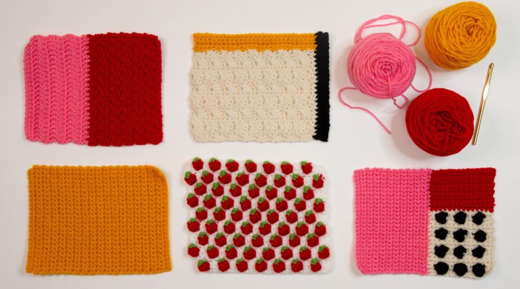 Six colorful crochet squares with patterns and balls of yarn and a crochet hook on a white background.