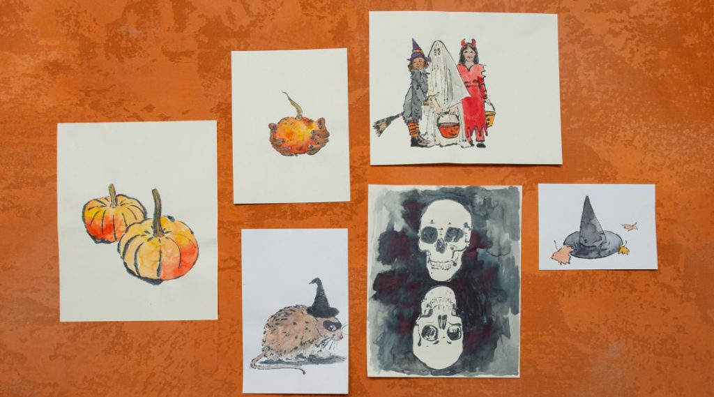Seven Halloween-themed drawings include pumpkins, children in costumes, skulls, a witch's hat, and a mouse in a hat.