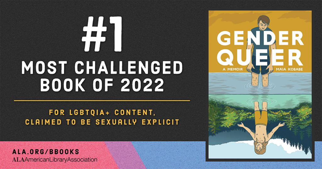 #1 most challenged book of 2022, "Gender Queer" by Maia Kobabe, cited for LGBTQIA+ content and alleged sexual explicitness.