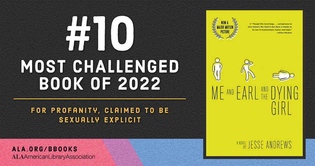 Image of "Me and Earl and the Dying Girl" cited as the #10 most challenged book of 2022 by the American Library Association.