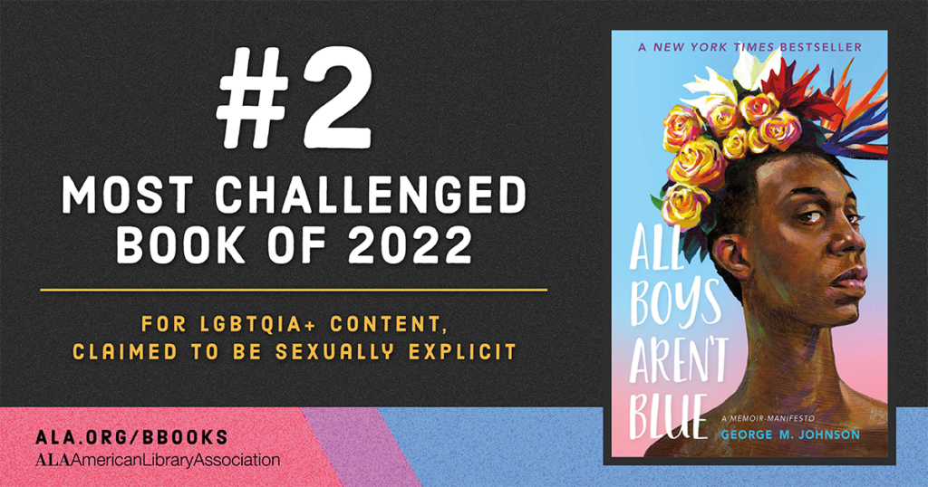 Image showing the book 'All Boys Aren't Blue' and text stating it's the #2 most challenged book of 2022 for LGBTQIA+ content.