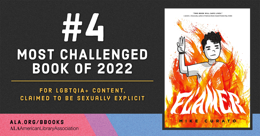 #4 Most Challenged Book of 2022: "Flamer" by Mike Curato, for LGBTQIA+ content, claimed to be sexually explicit.