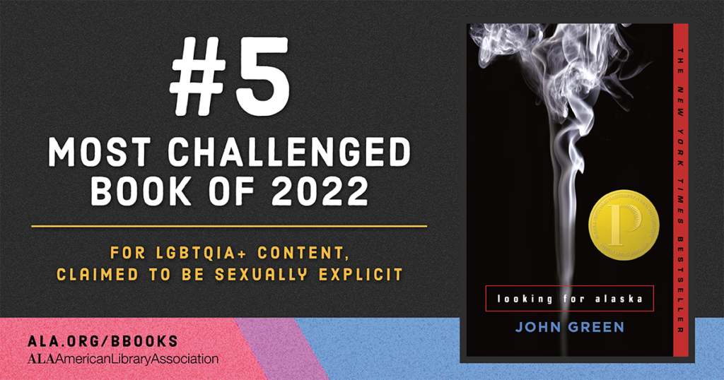 Looking for Alaska by John Green named #5 Most Challenged Book of 2022 for LGBTQIA+ content and explicit claims.