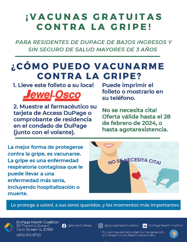 Informational flyer about free flu vaccines for DuPage residents, highlighting Jewel-Osco as a provider and no appointment needed.