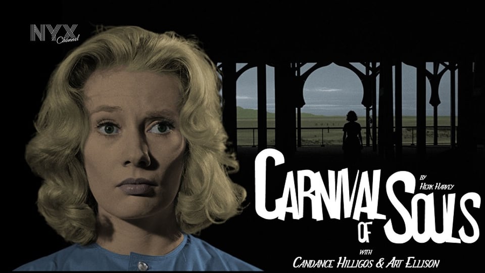 A woman with blonde hair stands in front of a dark doorway. Text: "Carnival of Souls" and cast details appear on the image.