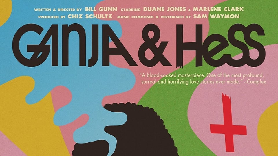 Colorful "Ganja & Hess" movie poster featuring abstract designs and film production credits.