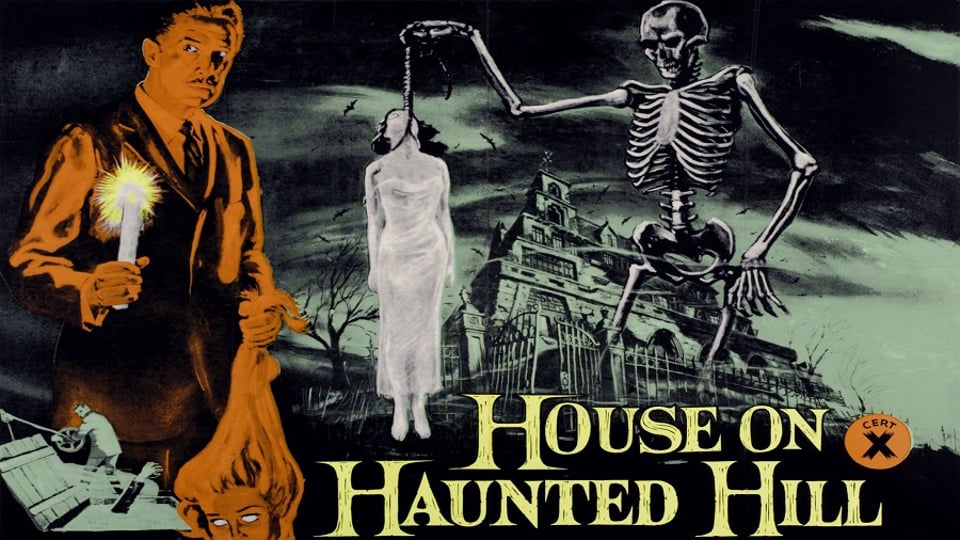 Vintage horror movie poster for "House on Haunted Hill" featuring eerie figures, a skeleton, and a haunted mansion.