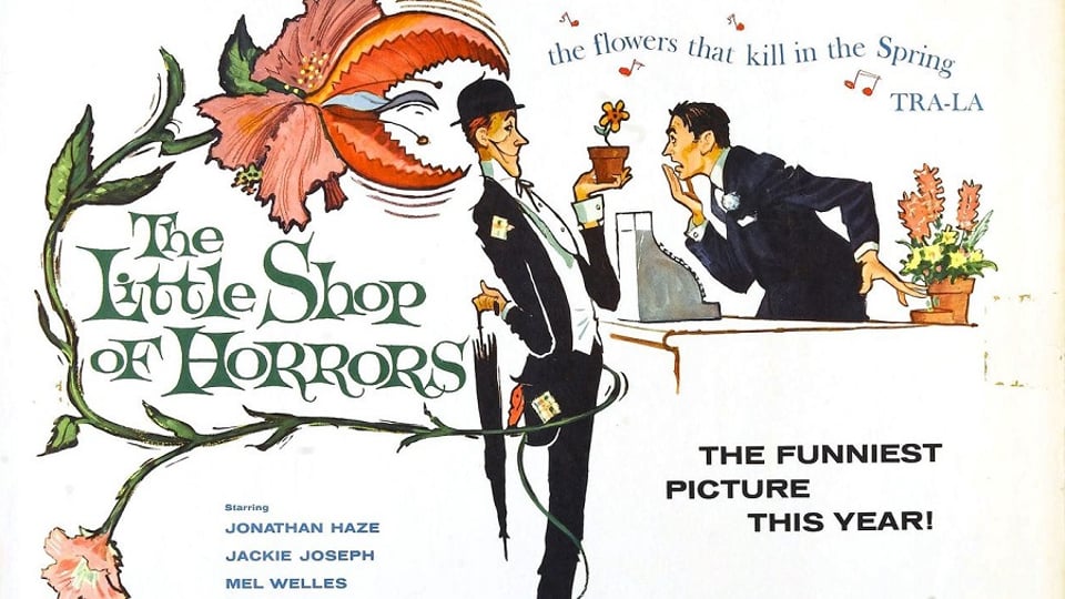 Illustrated movie poster for "The Little Shop of Horrors" featuring a carnivorous plant and two men.