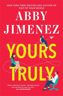 "Yours Truly" book cover by Abby Jimenez, features a man and woman interacting with paper planes on a red background.