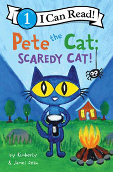 Cover of "Pete the Cat: Scaredy Cat!" showing a blue cat holding a flashlight near a campfire with a spider and tent.