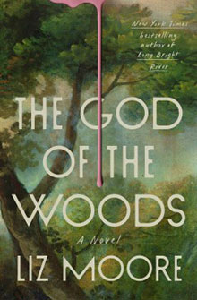 Book cover for "The God of the Woods" by Liz Moore, featuring an illustration of trees and a pink vertical line.