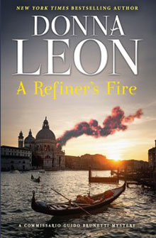 Cover of "A Refiner’s Fire" by Donna Leon, showing a sunset over a Venetian canal with a gondola in the foreground.