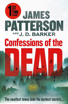 Book cover of "Confessions of the Dead" by James Patterson and J.D. Barker, featuring a foggy, eerie village and flying birds.