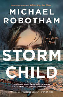 Book cover: "Storm Child" by Michael Robotham, featuring a woman's face partially submerged in water with waves and dark sky.
