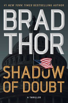 Cover of the book "Shadow of Doubt" by Brad Thor features a U.S. flag and a domed building in the background.