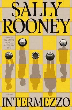 Book cover of "Intermezzo" by Sally Rooney featuring shadows of people on a yellow and gray checkered background.