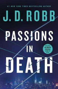 Cover of "Passions in Death" by J.D. Robb, featuring a city skyline with blue and white text over a dark background.