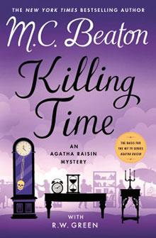 Book cover of "Killing Time: An Agatha Raisin Mystery" by M.C. Beaton and R.W. Green, featuring a clock and silhouettes.