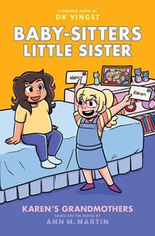 Two girls, one sitting on a bed and another holding cards labeled "Nancy" and "Karen", from "Baby-Sitters Little Sister" book.