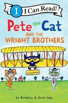 Cover of "Pete the Cat and the Wright Brothers" with three cartoon cats and a plane.