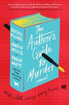 Book cover with a teal color background, pencil illustration, and red backdrop, titled "The Author's Guide to Murder.