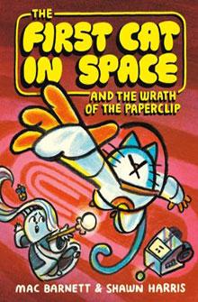 Cartoon cat in space suit and mouse with a laser on colorful, comic-style book cover titled "The First Cat in Space.