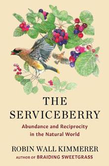 Book cover of "The Serviceberry" with a bird and berries, by Robin Wall Kimmerer.