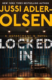 Book cover of "Locked In" by Jussi Adler-Olsen, featuring a dimly lit prison cell with a bed.