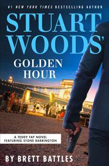 Cover of "Golden Hour" by Stuart Woods and Brett Battles, featuring a suited person holding a gun at sunset.