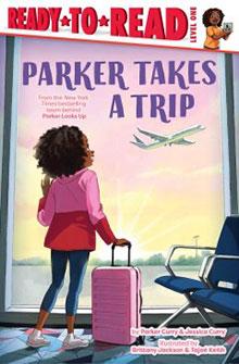 Child with a pink suitcase looks at a plane through an airport window. "Parker Takes a Trip" book cover.