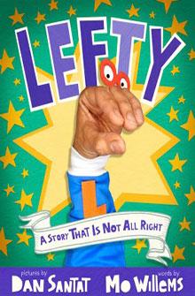 A colorful book cover with a hand puppet named Lefty and a starburst background.