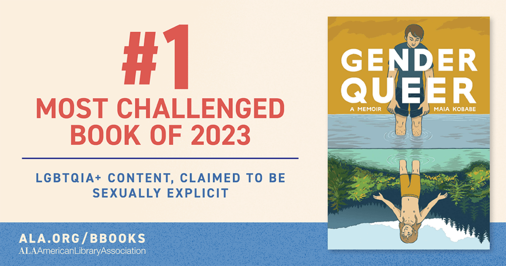 Image of the book "Gender Queer" with text: "#1 Most Challenged Book of 2023, LGBTQIA+ content, claimed to be sexually explicit.