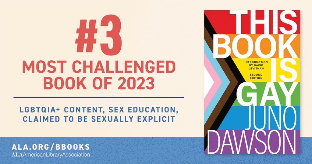 Image of a book cover titled "This Book is Gay" by Juno Dawson, ranked as the #3 most challenged book of 2023.