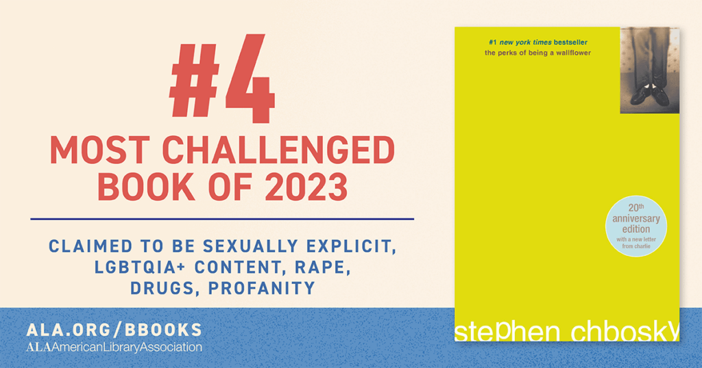 Image showing "The Perks of Being a Wallflower" as the #4 Most Challenged Book of 2023 for explicit content, drug use, and profanity.