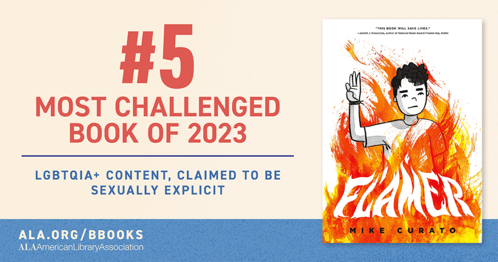 Image text: "#5 Most Challenged Book of 2023 - Flamer by Mike Curato. LGBTQIA+ content, claimed to be sexually explicit.