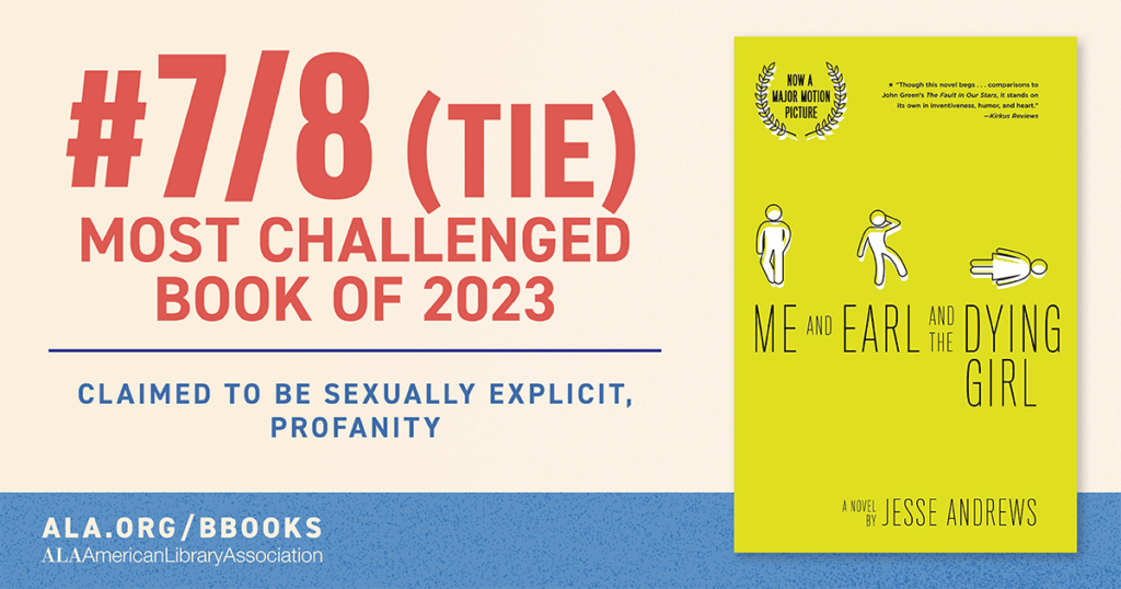 Yellow book cover of "Me and Earl and the Dying Girl" ranked #7/8 most challenged book of 2023 by ALA for explicit content.