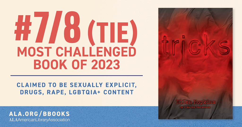 Red and beige graphic listing "#7/8 (TIE) Most Challenged Book of 2023" with "tricks" by Ellen Hopkins cover.