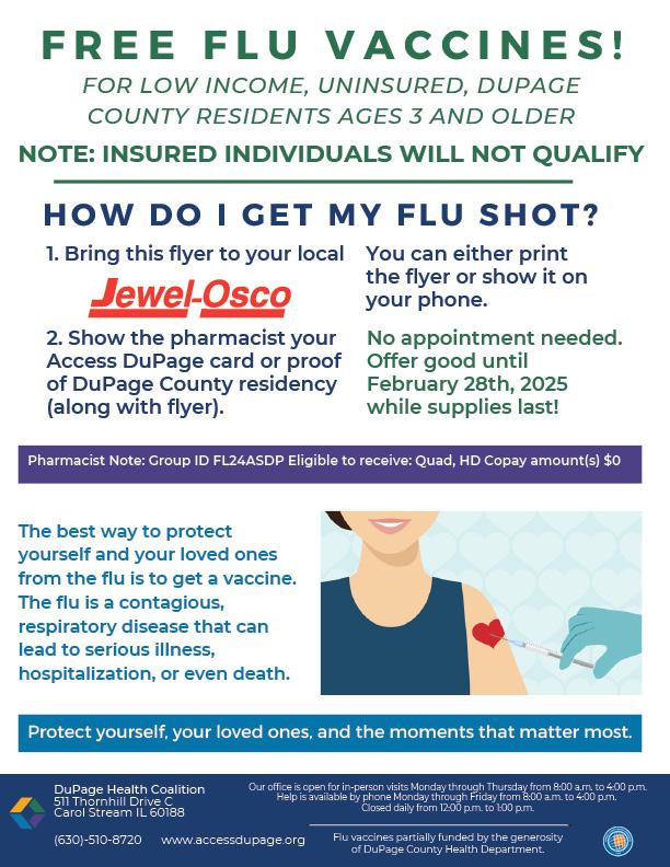 Flu vaccine flyer for DuPage County residents, featuring steps to get vaccinated at Jewel-Osco.