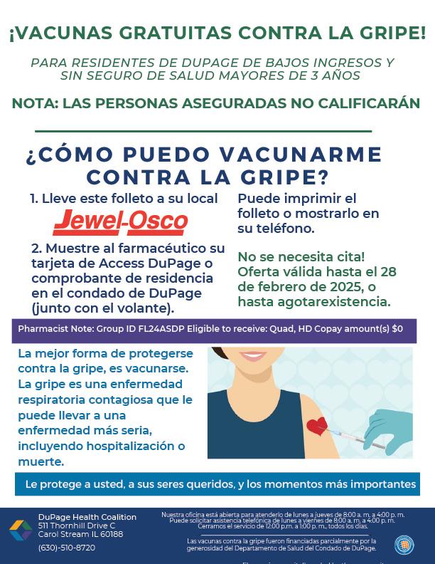 Colorful flu vaccination flyer with eligibility details and steps for accessing free vaccines at Jewel-Osco.