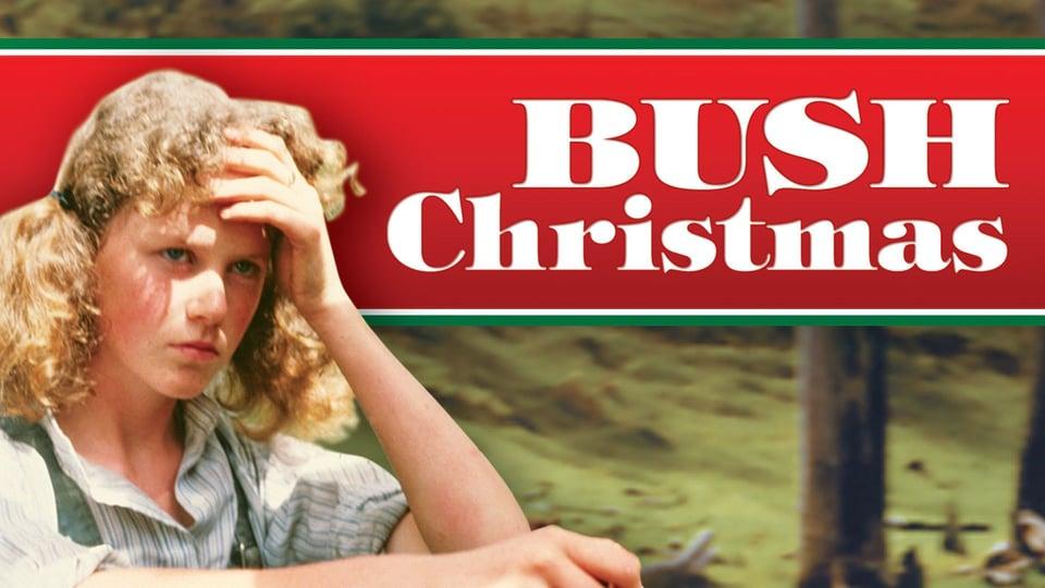 Young person with curly hair holds forehead, next to "Bush Christmas" text on a red background.