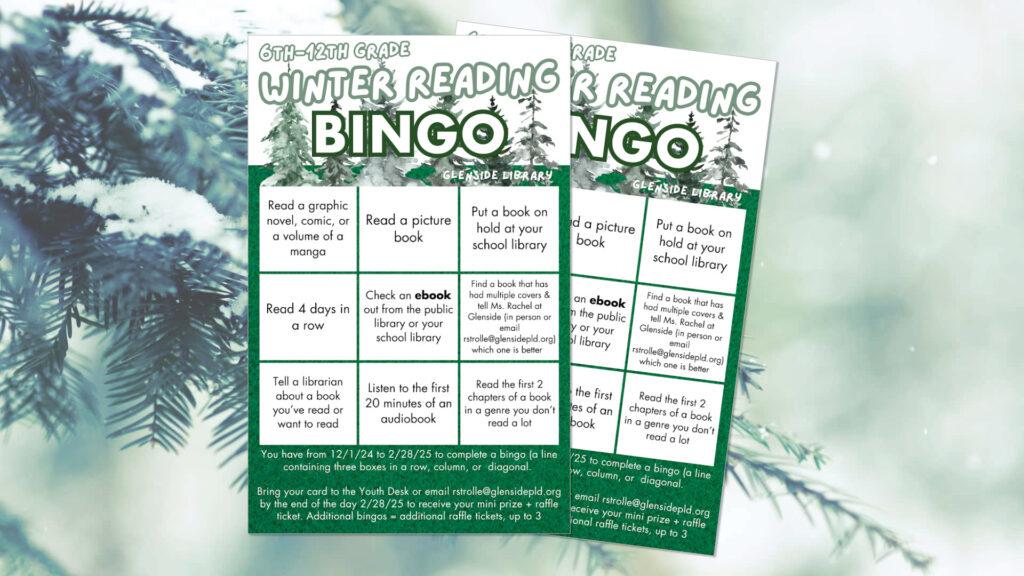 Two bingo cards titled "Winter Reading Bingo" for 6th-12th grade, featuring various reading-related activities.