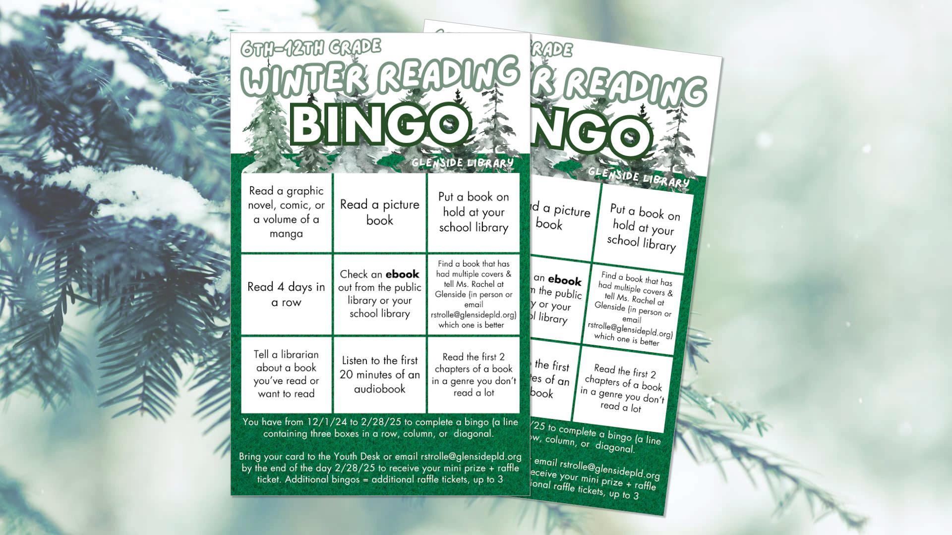 Two bingo cards titled "Winter Reading Bingo" for 6th-12th grade, featuring various reading-related activities.