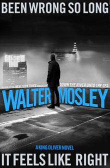 Silhouette of a person in a cityscape with text: "Walter Mosley. It Feels Like Right.