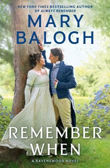 A couple in period attire gaze at each other lovingly on a grassy field; book cover of "Remember When" by Mary Balogh.